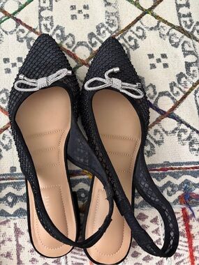 Black Pointed Mesh Slingback Flats with Rhinestone Bow